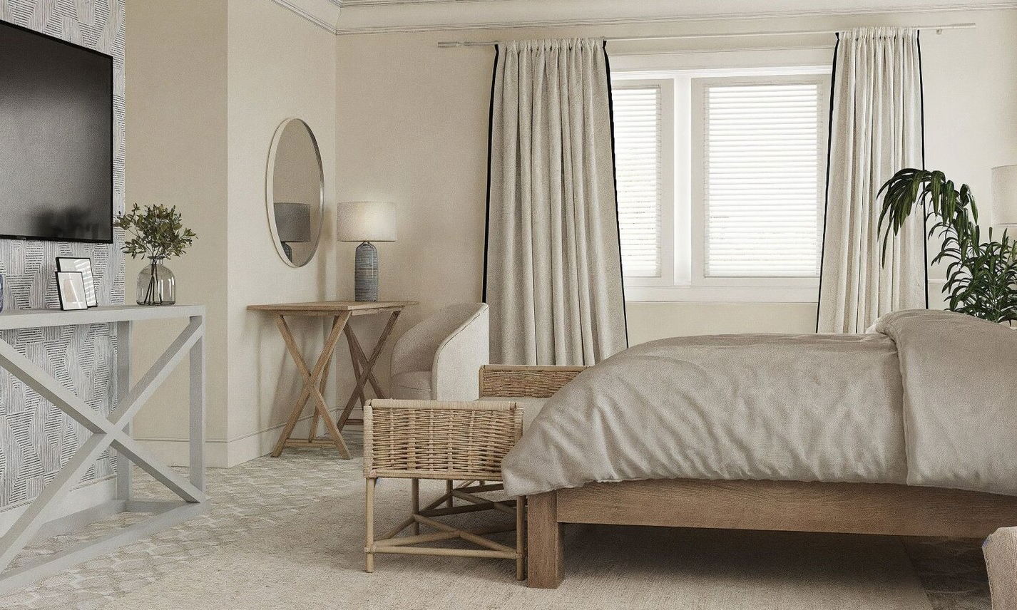 Serene Neutral Coastal Bedroom Design by affordable Richmond interior designers