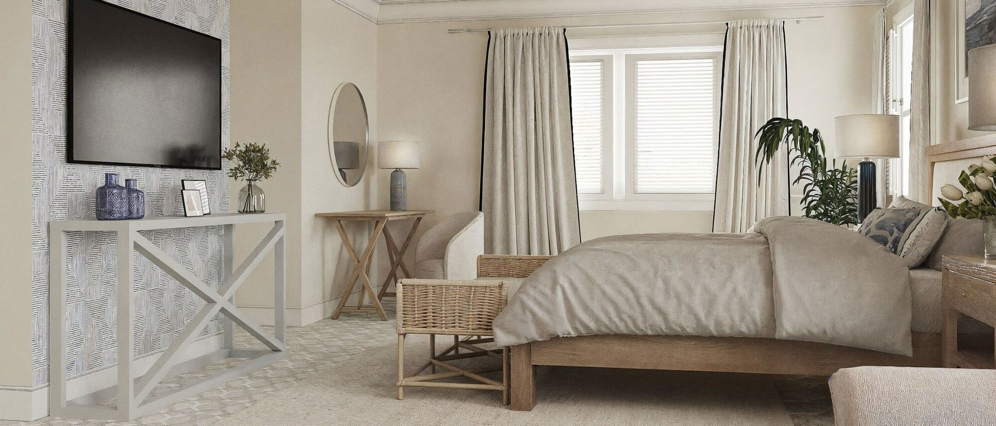 Serene Neutral Coastal Bedroom Design by affordable Richmond interior designers