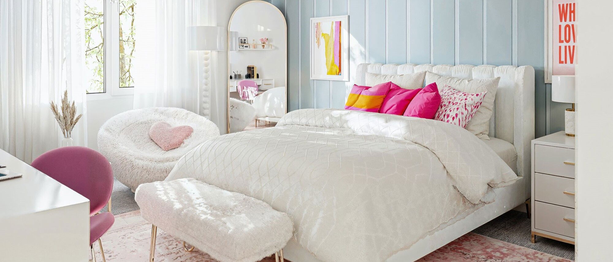 Girly Neutral Bedroom with Pops of Pink- After Rendering