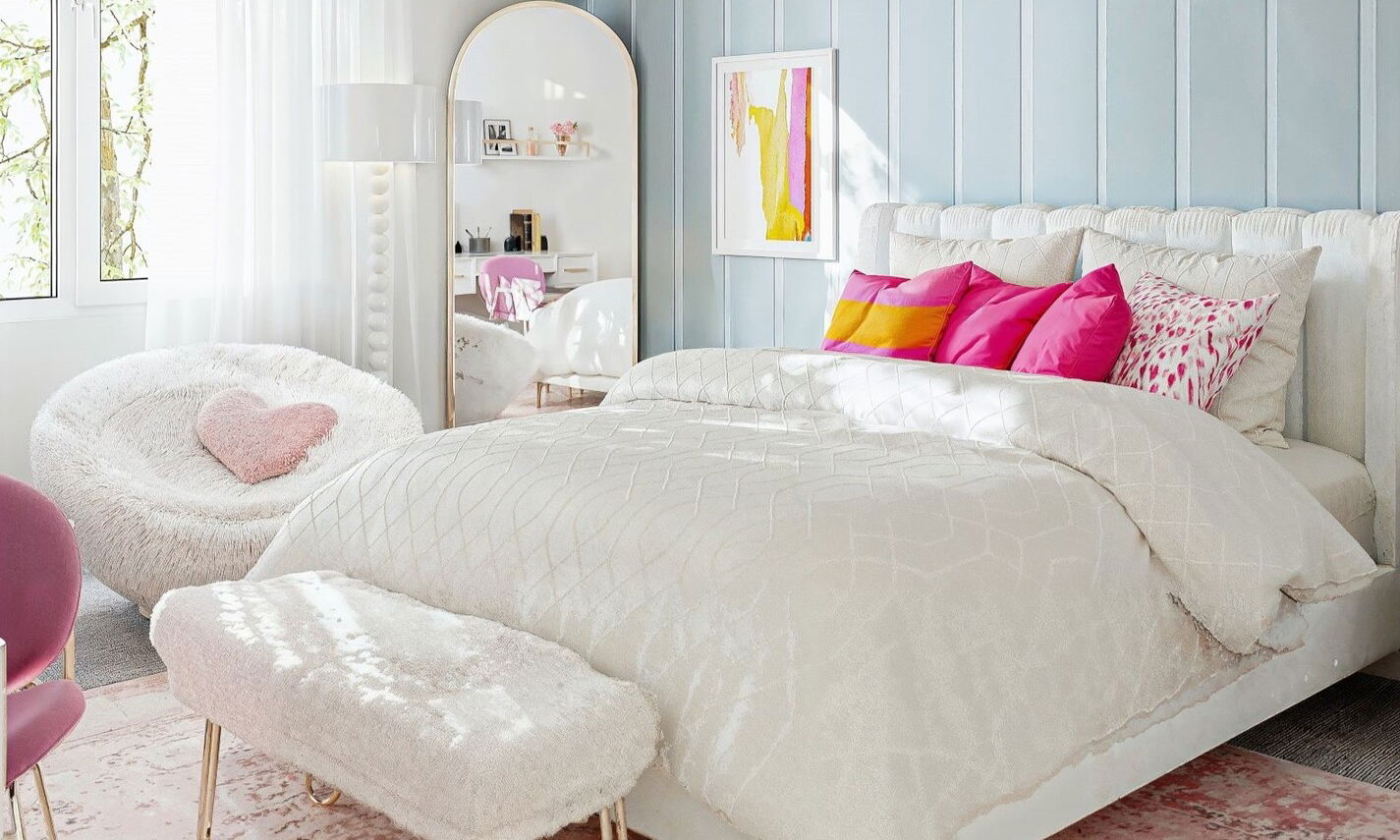 Girly Neutral Bedroom with Pops of Pink by interior designers in Cincinnati, Ohio