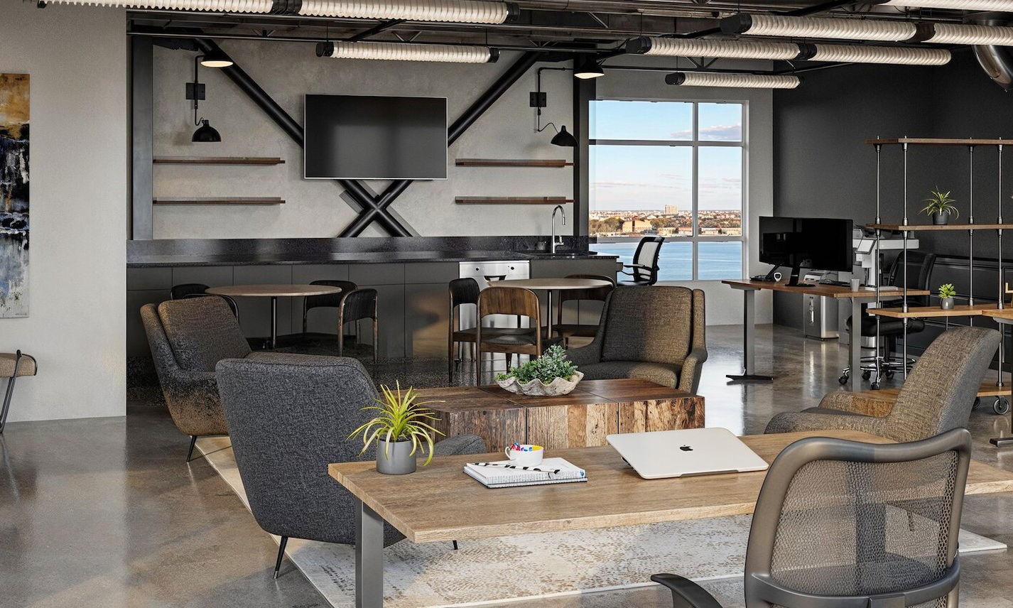 Oficina legal de concepto abierto masculina por diseñadores de interiores en Seattle, Washington