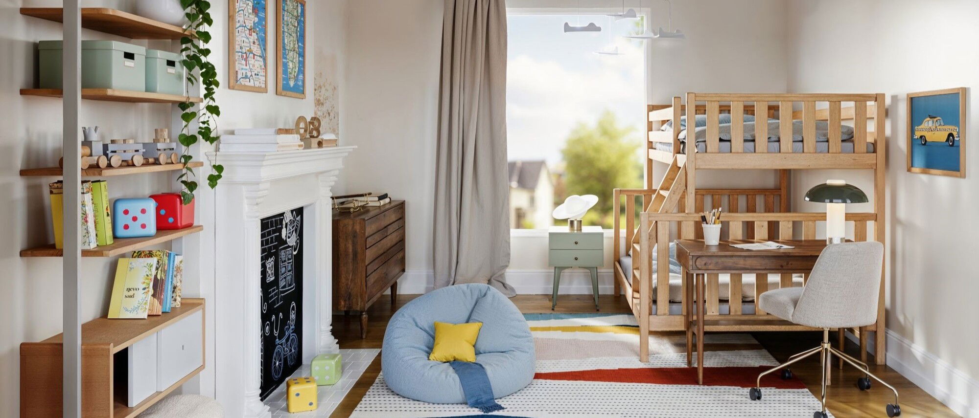 Diseño de interiores de habitación infantil con tema de viaje- Renderizado después