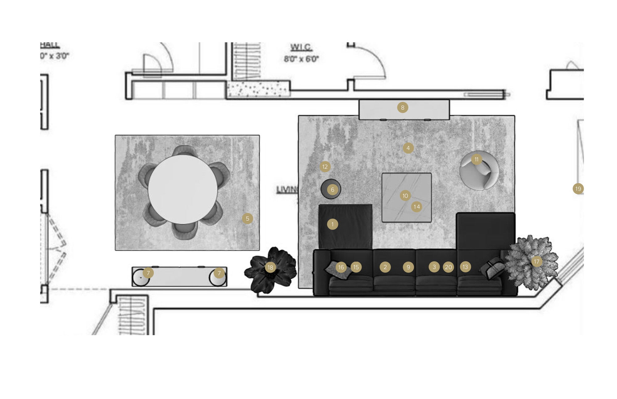 Plano de planta de sala de estar en línea