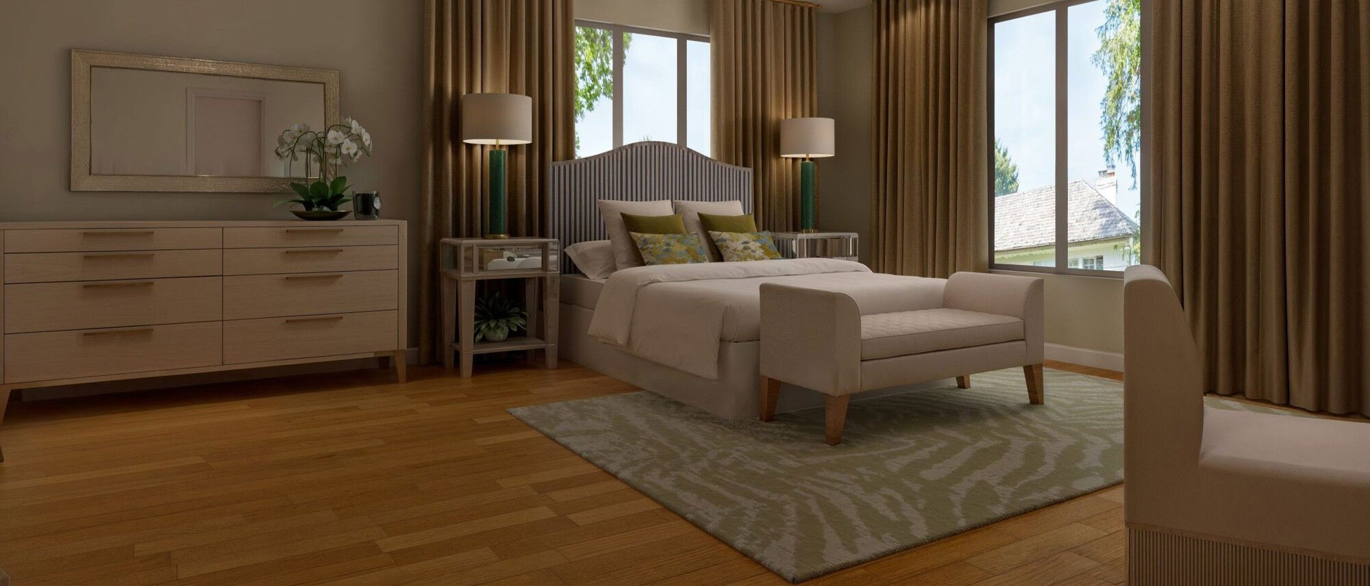 Elegant Open Living + Serene Bedroom Design- After Rendering