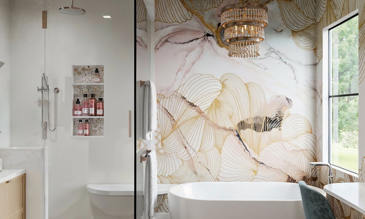 Contemporary Bathrooms with Bold Wallpapers by top Hamptons interior designers