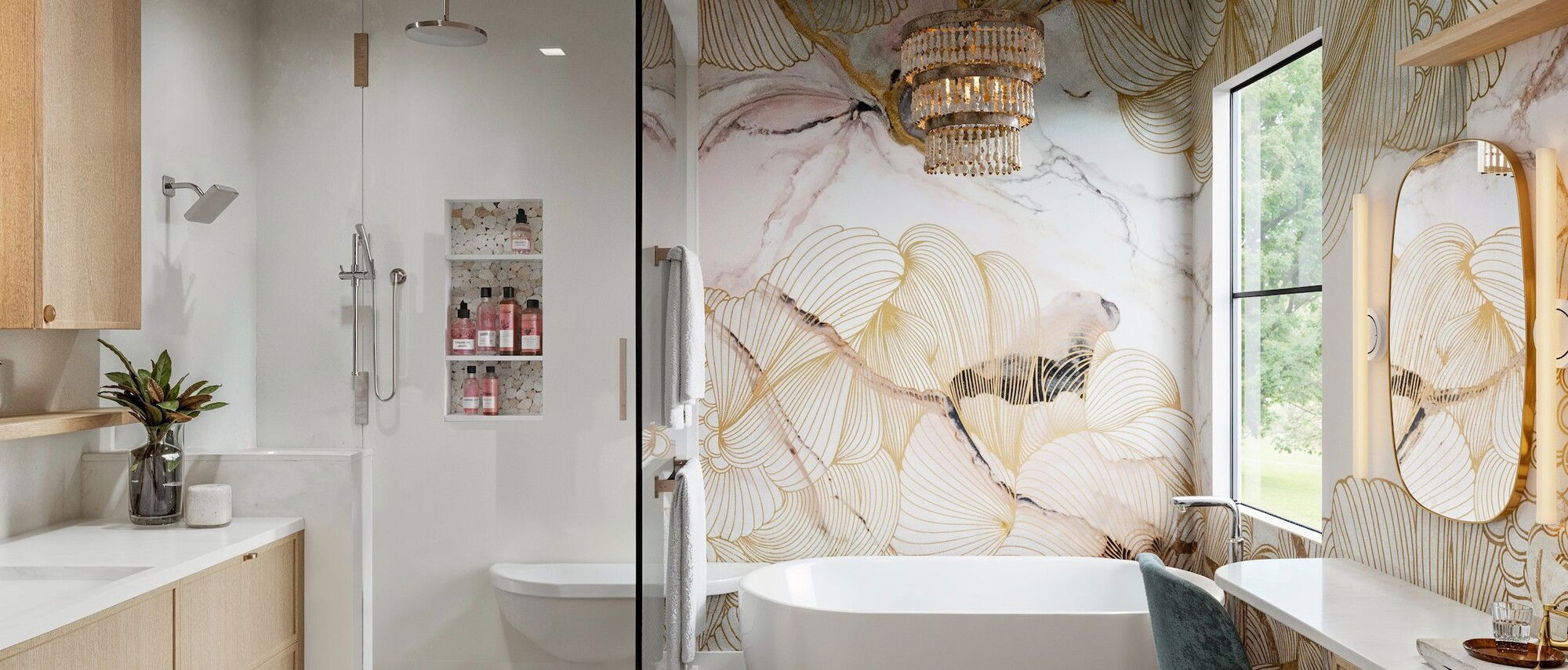 Contemporary Bathrooms with Bold Wallpapers by top Hamptons interior designers