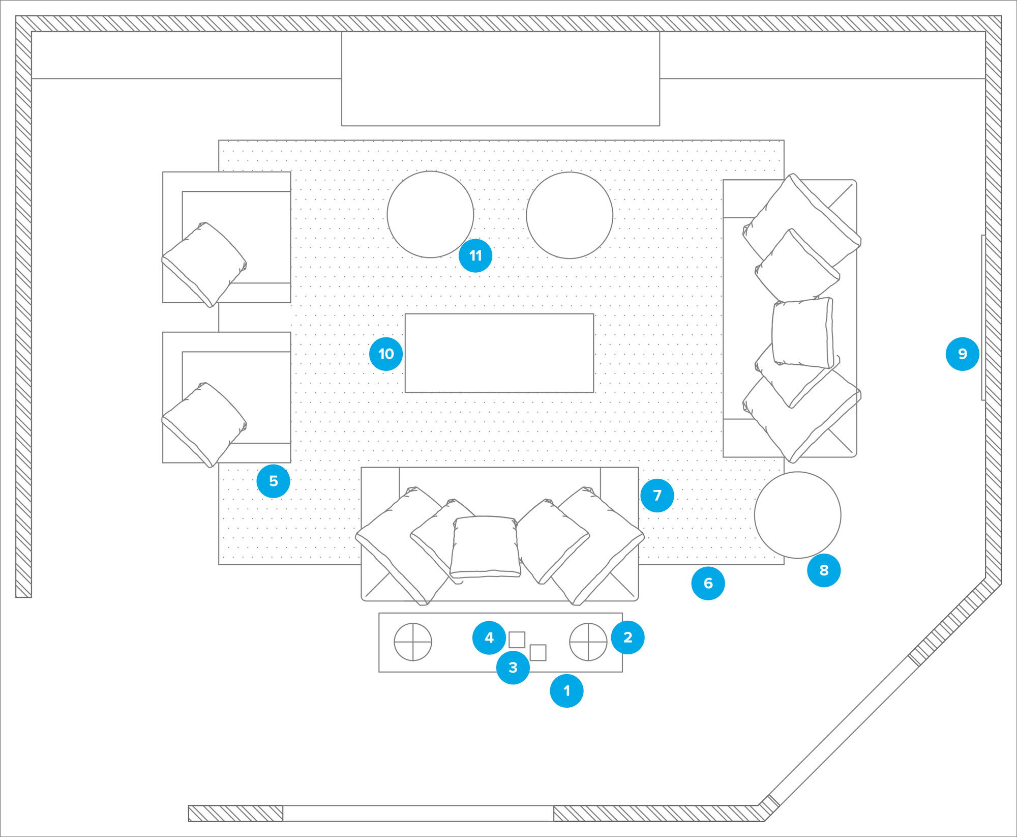 Plano de planta de sala de estar en línea