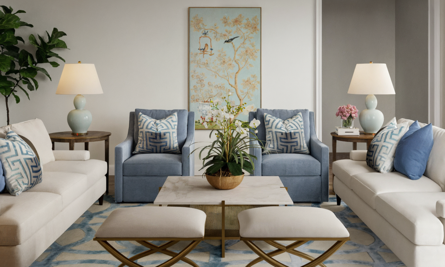 Remodelación Clásica y Tranquila de Sala de Estar y Comedor por diseñadores de interiores en Huntsville, Alabama