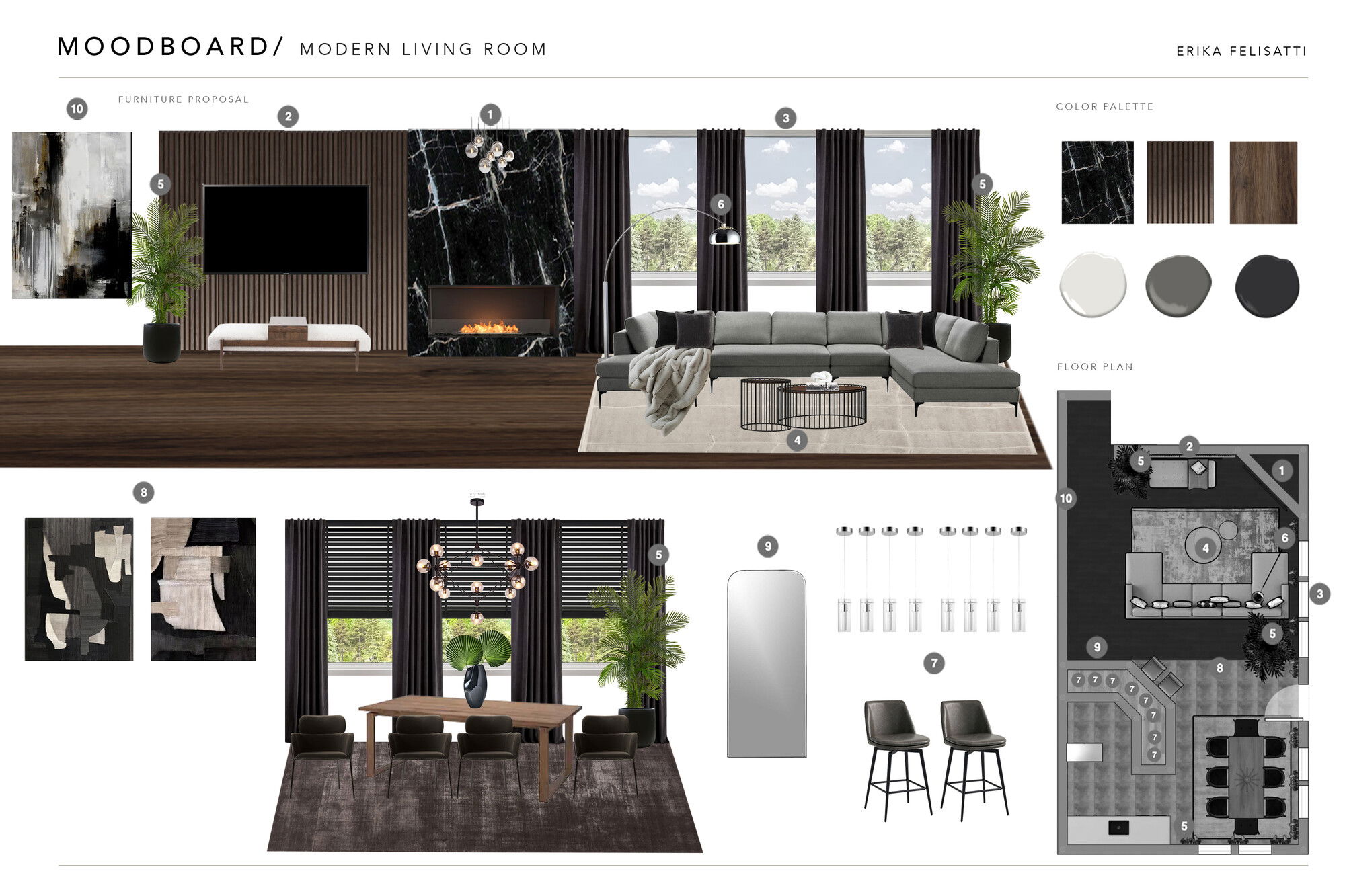 Ideas de Diseño de Interiores Combinadas de Sala-Comedor del Diseñador en Línea