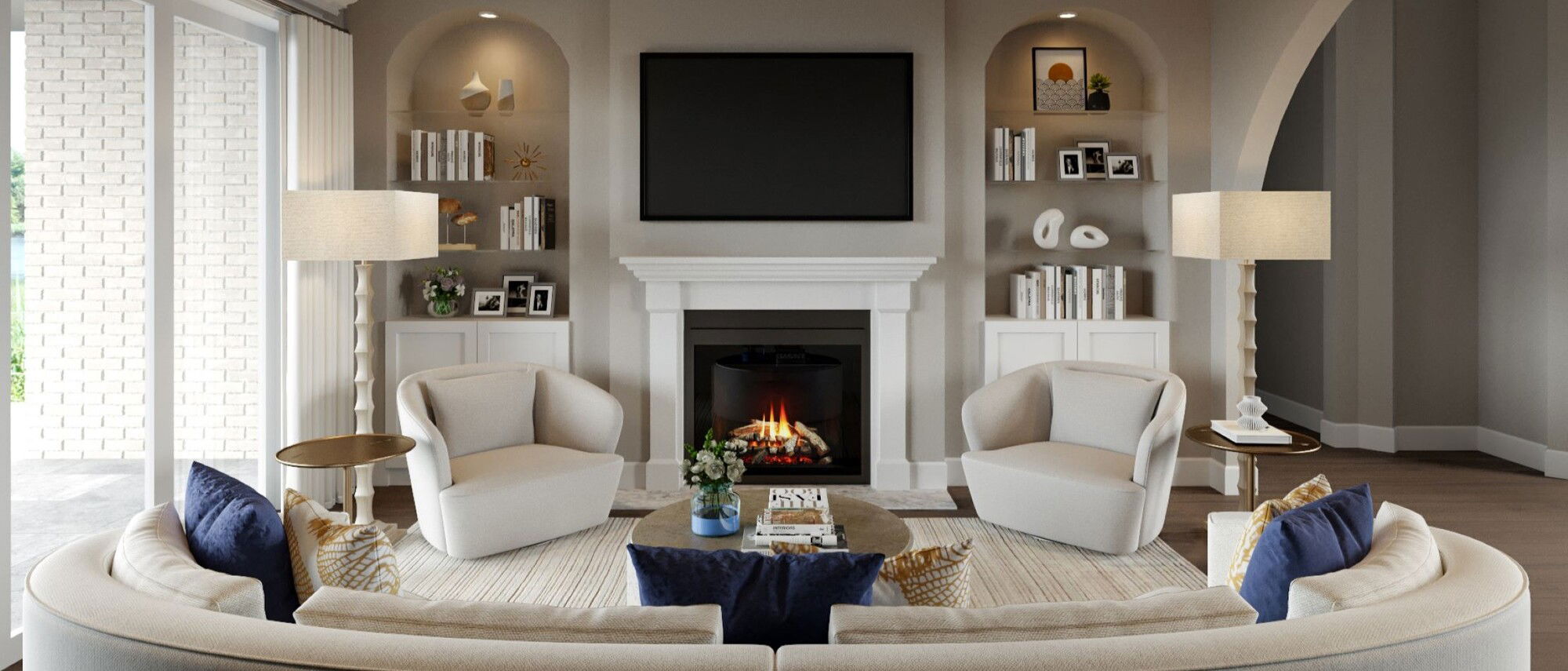 White Modern Traditional Combined Living and Dining Room by interior designers in Wilmington, North Carolina