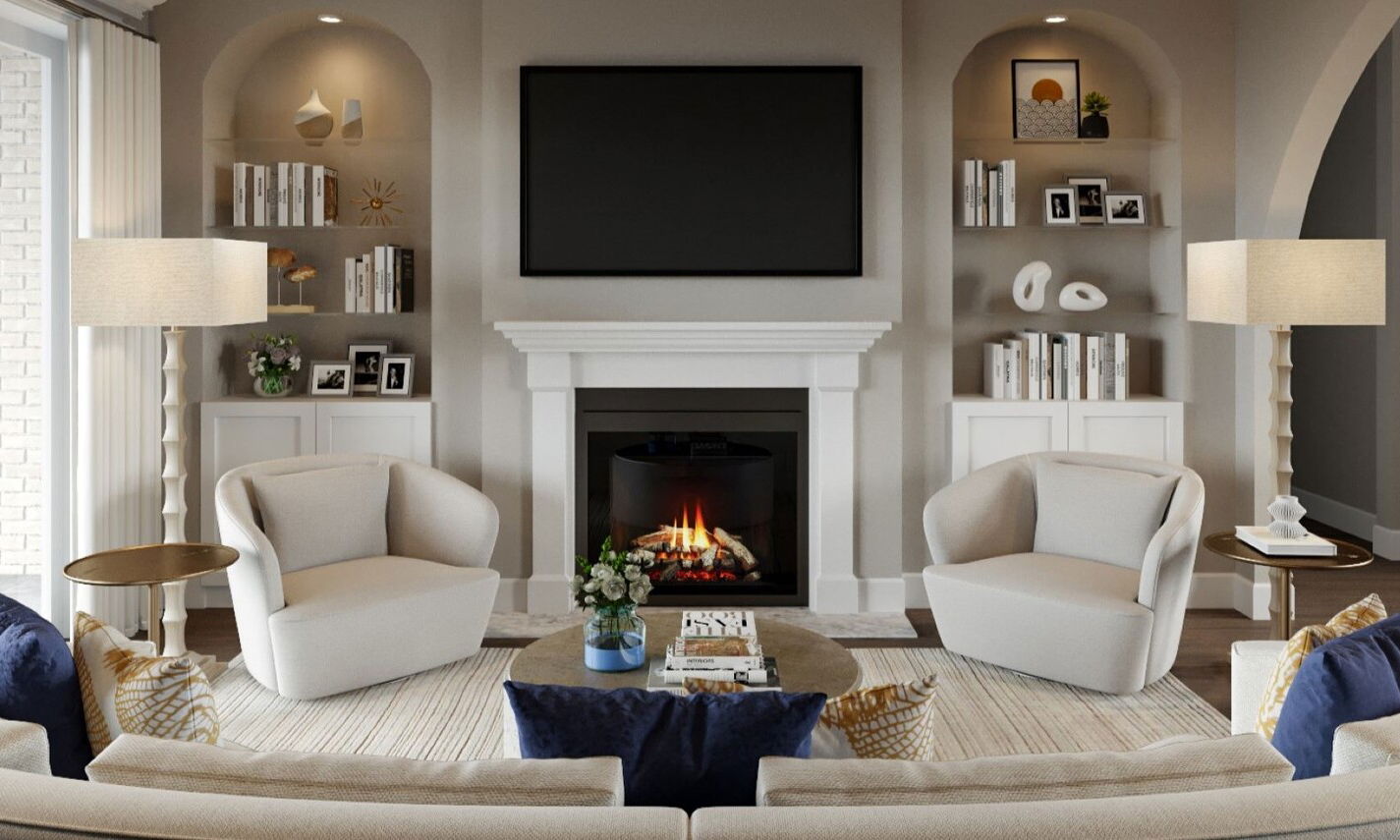 White Modern Traditional Combined Living and Dining Room by interior designers in Wilmington, North Carolina