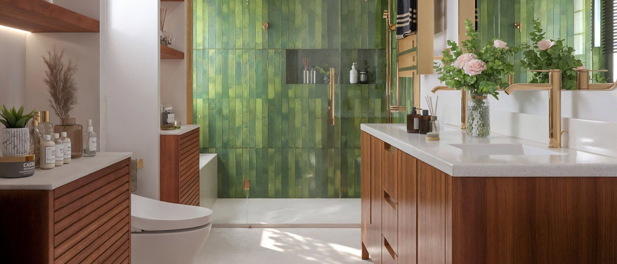 Renovación de baño moderna inspirada en la naturaleza por diseñadores de interiores en Hayward, California