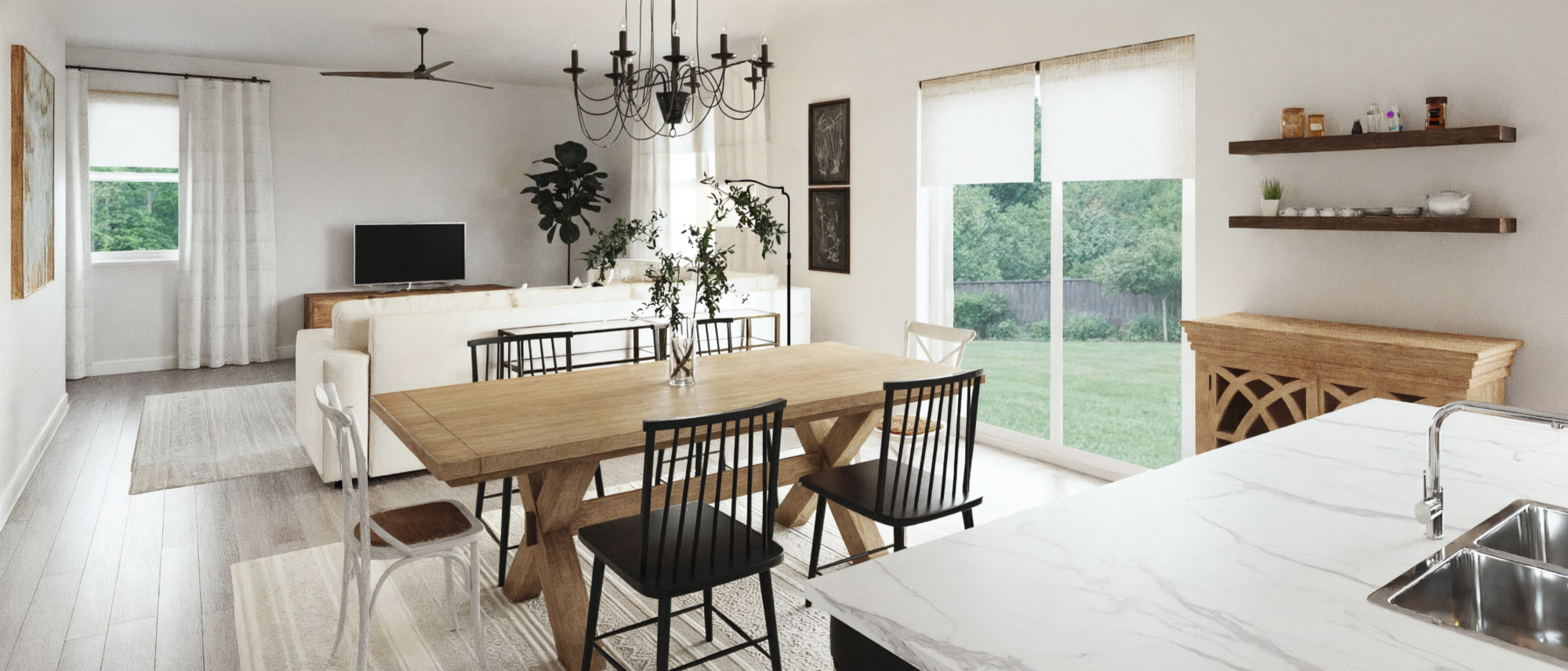 Modern Farmhouse Living & Dining Interior Design- After Rendering