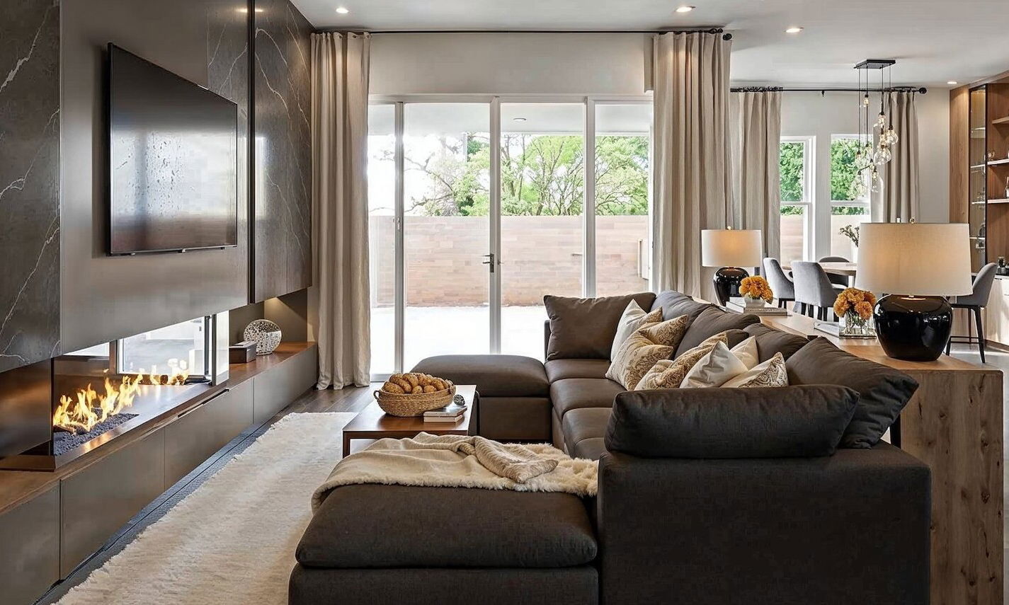 Modern Living and Dining Room with a Bar by affordable Henderson interior designers