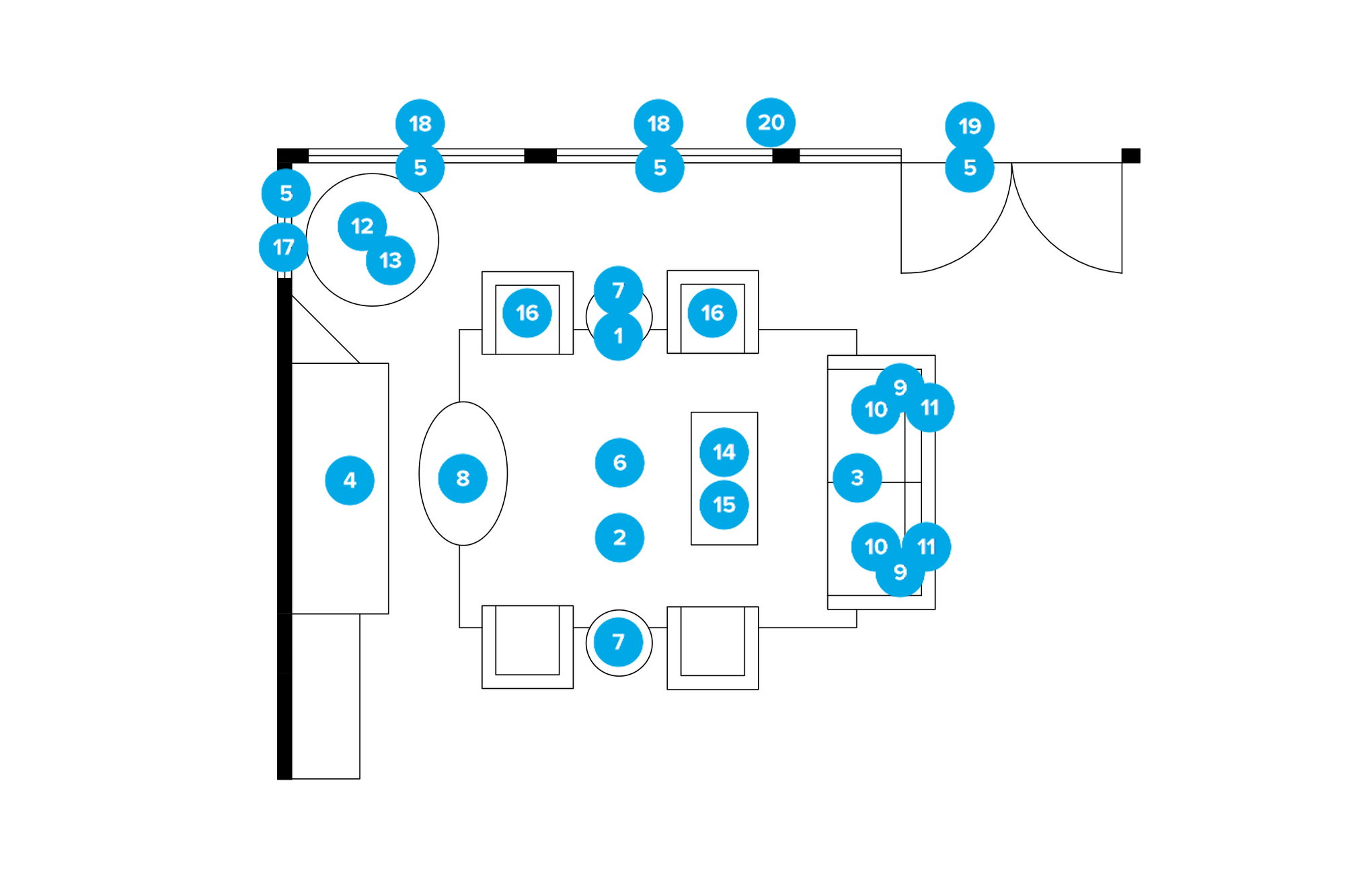 Plano de planta de sala de estar en línea