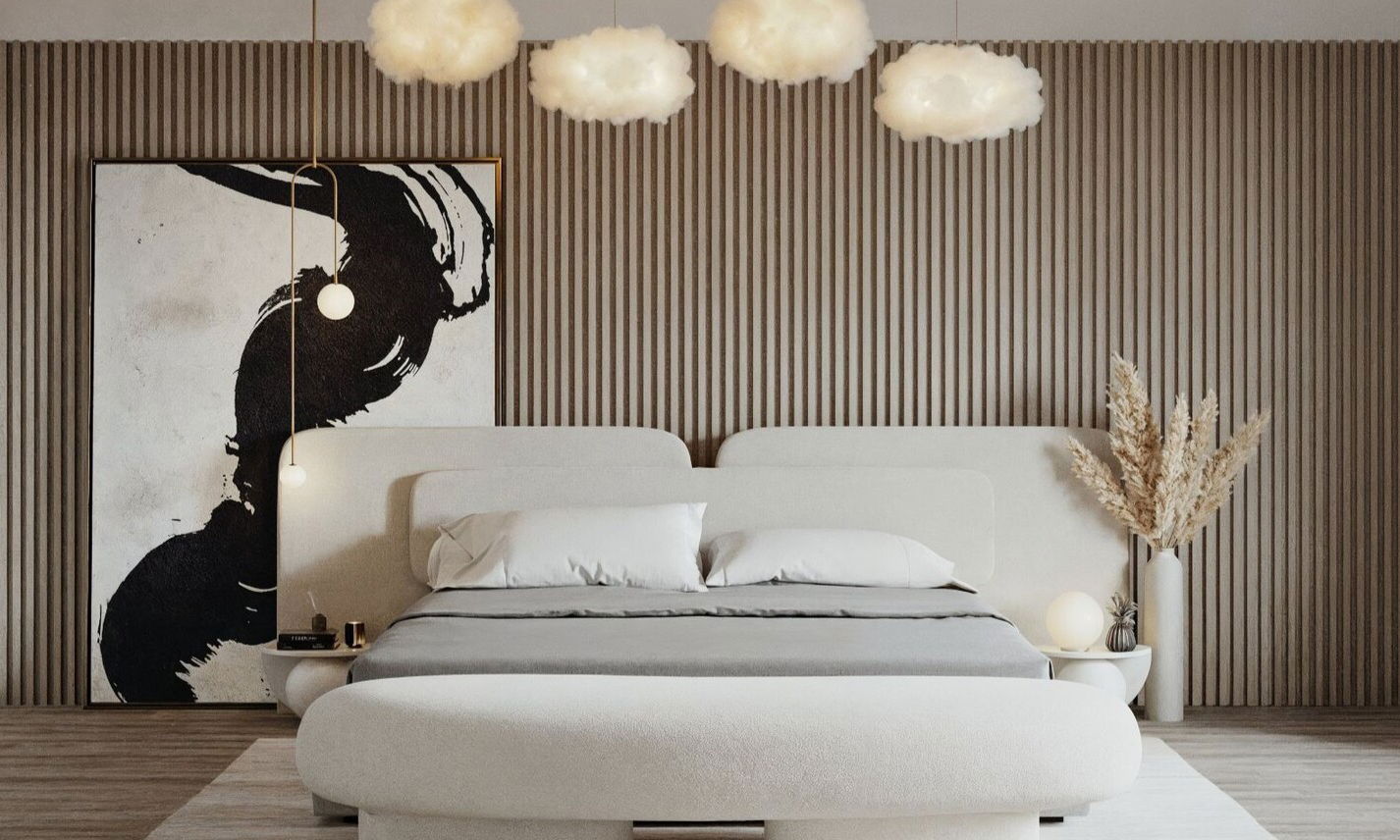 Unique and Neutral Bedroom Design by affordable Orange County interior designers