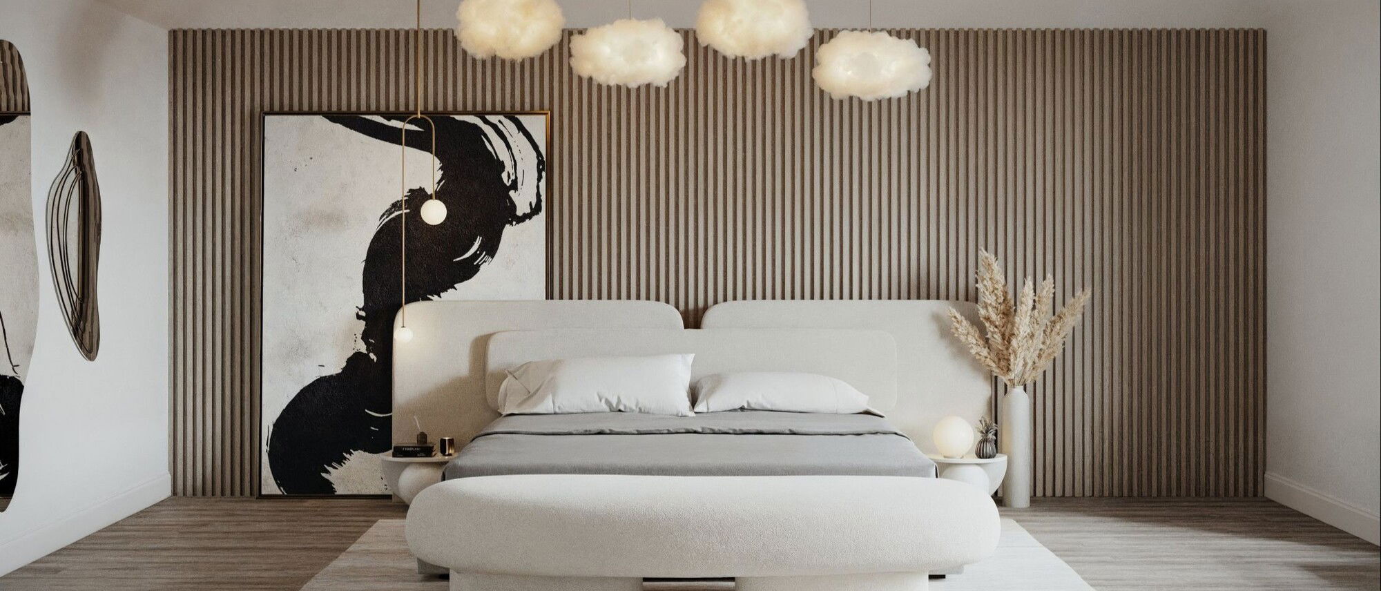 Unique and Neutral Bedroom Design by affordable Orange County interior designers