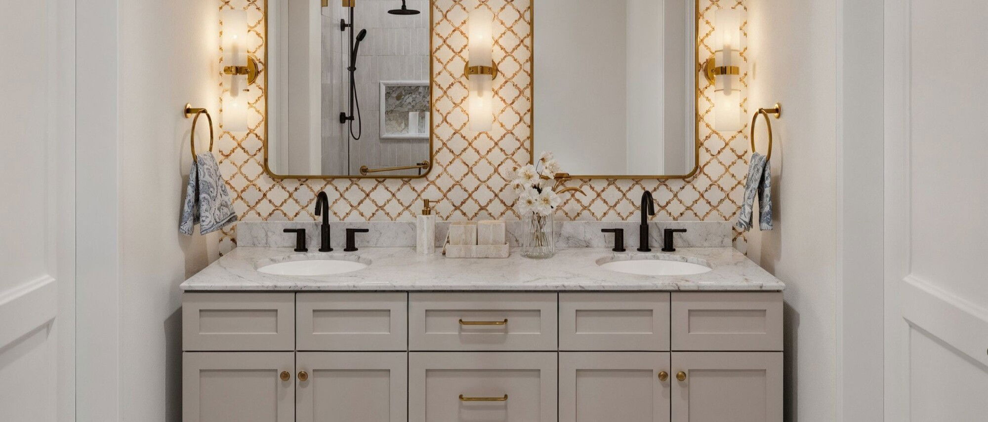Modern French Country Guest Bathroom Design by affordable Houston interior designers
