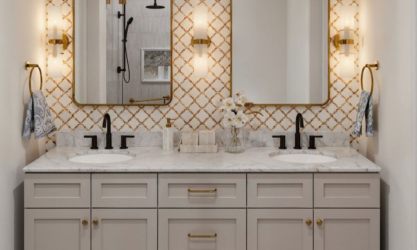 Modern French Country Guest Bathroom Design by interior designers in Sugar Land, Texas