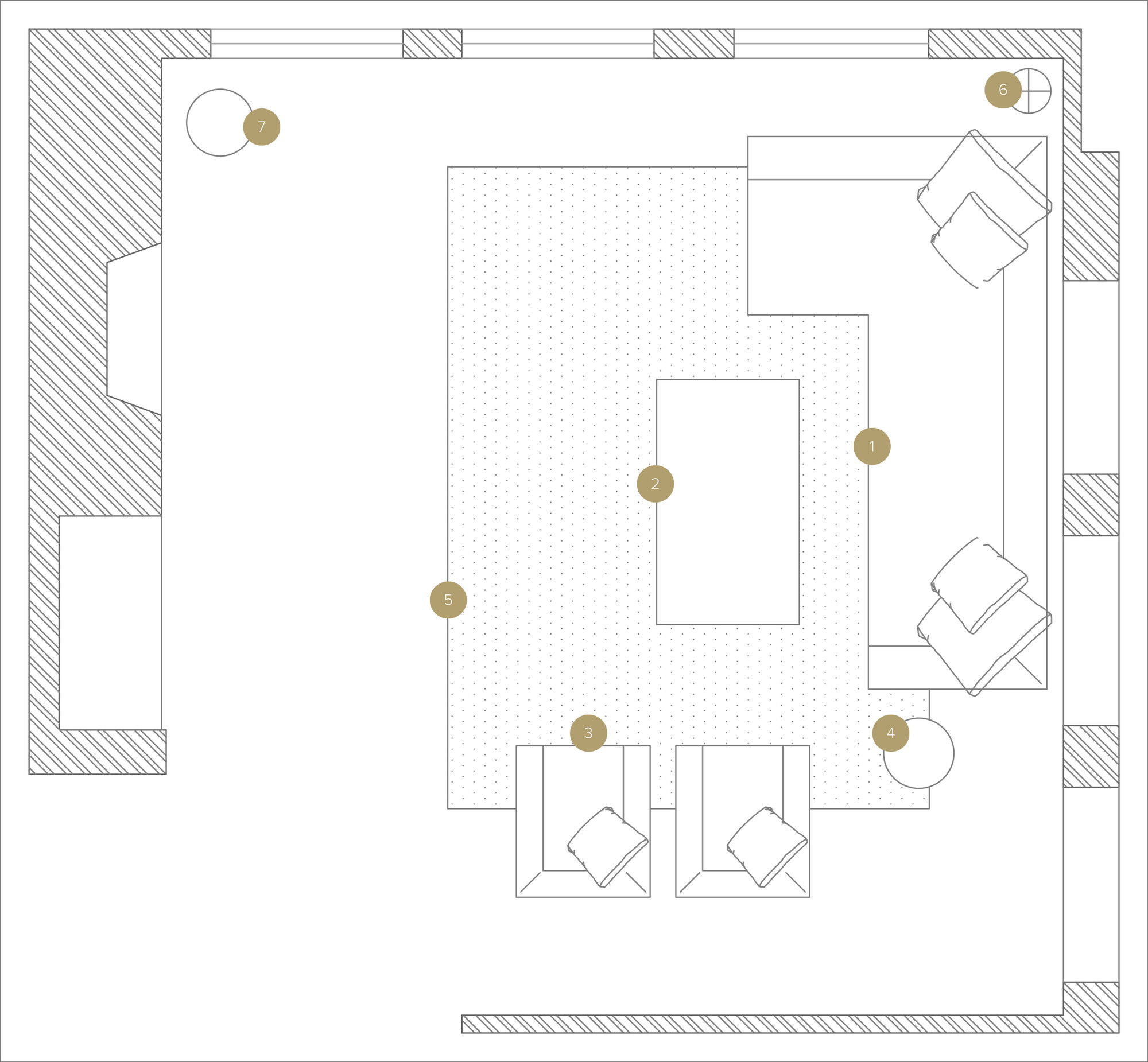 Plano de planta de sala de estar en línea