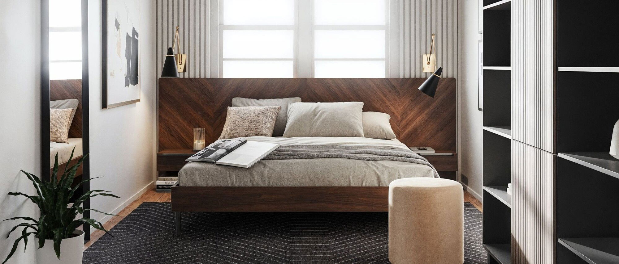 Diseño de dormitorio minimalista de madera - Renderizado después