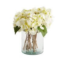 Online Designer Combined Living/Dining FAUX WHITE HYDRANGEA ARRANGEMENT IN GLASS VASE