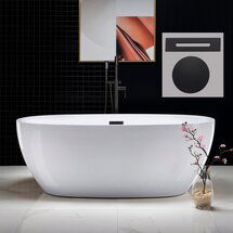 Online Designer Bathroom WOODBRIDGE 67" Acrylic Freestanding Bathtub Contemporary Soaking Tub with Matte Black Overflow and Drain,White Tub,B0028-MB-Drain&O