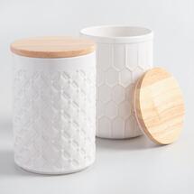 Online Designer Living Room White Textured Ceramic Canisters With Bamboo Lids Set Of 2