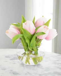 Online Designer Bathroom Real Touch Breaking Dawn Tulips 9" Faux Floral Arrangement in Glass Vase