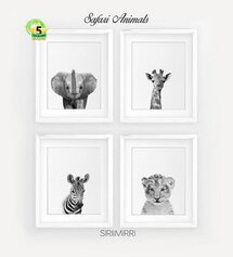 Online Designer Nursery Safari Nursery Decor Black White Baby Animals Set 4