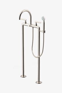 Online Designer Bathroom Bond Tandem Series Floor Mounted Exposed Tub Filler with Handshower and Guilloche Lines Lever Handles