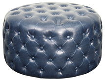 Online Designer Living Room Santee Bonded Leather Round Tufted Ottoman NAVY