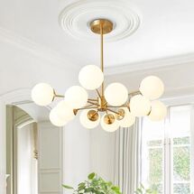 Online Designer Business/Office CEDER 12-Light Metal Brass Branch Modern Chandelier with Globle Opal Glass Shades