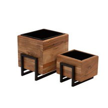 Online Designer Bedroom S/2 Wood/Metal 7/10" Square Planters, Brown/Black - Brown