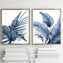 Online Designer Bedroom Watercolor Navy Monstera Palm Banana Leaves set 2 Prints Blue Plant Leaf Botanical Painting Minimalist Art Large Prints Living Room Decor