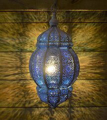 Online Designer Patio Rani Moroccan Lantern - White/Blue- Plug In Version