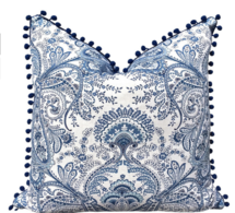 Online Designer Combined Living/Dining BLUE AND WHTIE LINEN PILLOW WITH POM POM