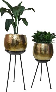 Online Designer Combined Living/Dining Uniquewise Set of 2 Contemporary Gold Hammered Metal Floor Flower Planter Holder with Black Stand 28.75” and 22”