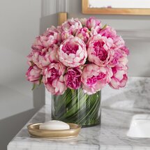 Online Designer Dining Room Faux Magenta & Pink Peony Floral Arrangement in Glass Vase