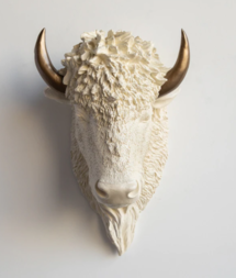 Online Designer Living Room Faux Buffalo Bison Head Wall Mount // Cream with Bronze Horns