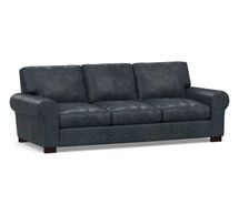 Online Designer Living Room Turner Roll Arm Leather Sofa 3-Seater 89", Down Blend Wrapped Cushions, Statesville Indigo Blue