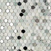 Online Designer Bathroom Reflection Ming Green With Mirror Penny Round Marble & Glass Tile, Polished