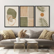 Online Designer Other Mid Century Modern Boho Organic Tropical Leaf Abstract Framed Canvas 3 Pieces Print Wall Art