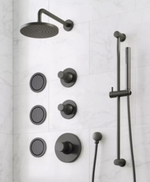 Online Designer Bathroom Lentz Thermostatic Shower System - 3 Body Sprays, Slide Bar and Hand Shower - Knob - Chrome