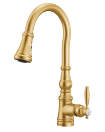 Online Designer Kitchen Brushed Gold Moen Weymouth One-Handle Pull Down Single Handle Kitchen Faucet with Power Boost (Part number: S73004BG)