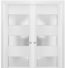 Online Designer Bathroom Solid French Double Doors 36 x 80 Frosted Glass 3 Lites, Lucia 4070 White Silk