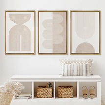 Online Designer Bedroom Mid Century Modern Boho Duotone Beige Abstract Shape Framed Canvas 3 Pieces Print Wall Art Neutral Decor