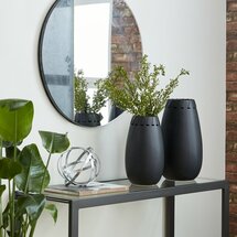 Online Designer Living Room Shept Mallet Round Ceramic Black Vases With Leather Accents, Set Of 2: 16" X 13"