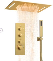 Online Designer Bathroom SFS-1024-GD Thermostatic Shower System 22.83" L x 14.96" W High-Pressure Ceiling Mount Shower Head with LED Light