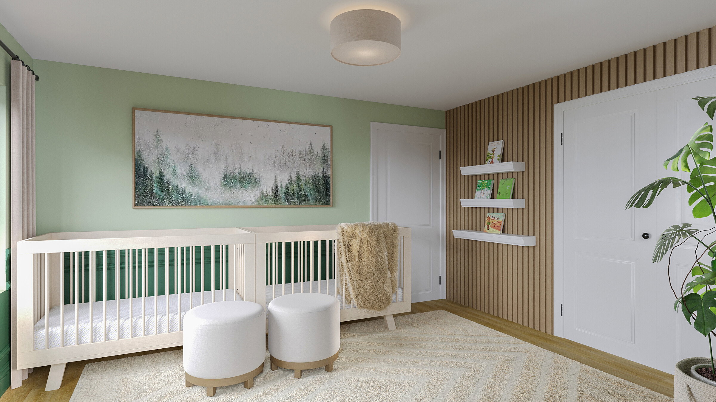 Adorable Green Twins Nursery Design Rendering thumb